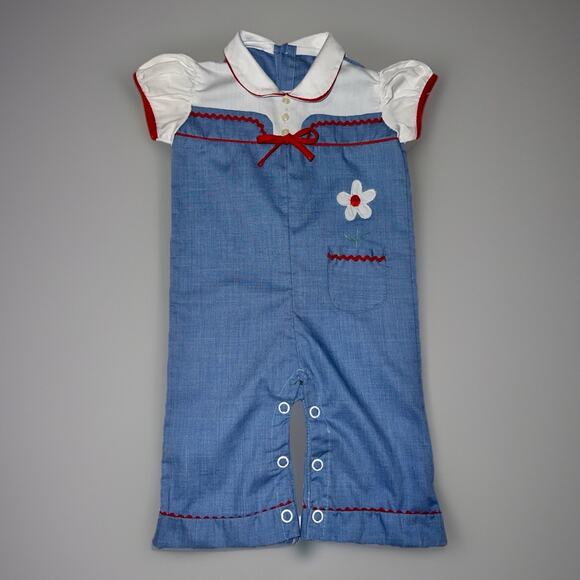 VTG 70s Baby Outfit Red White Blue - Rickrack Trim Retro Rockabilly -Aprox 3-9M - Picture 1 of 7